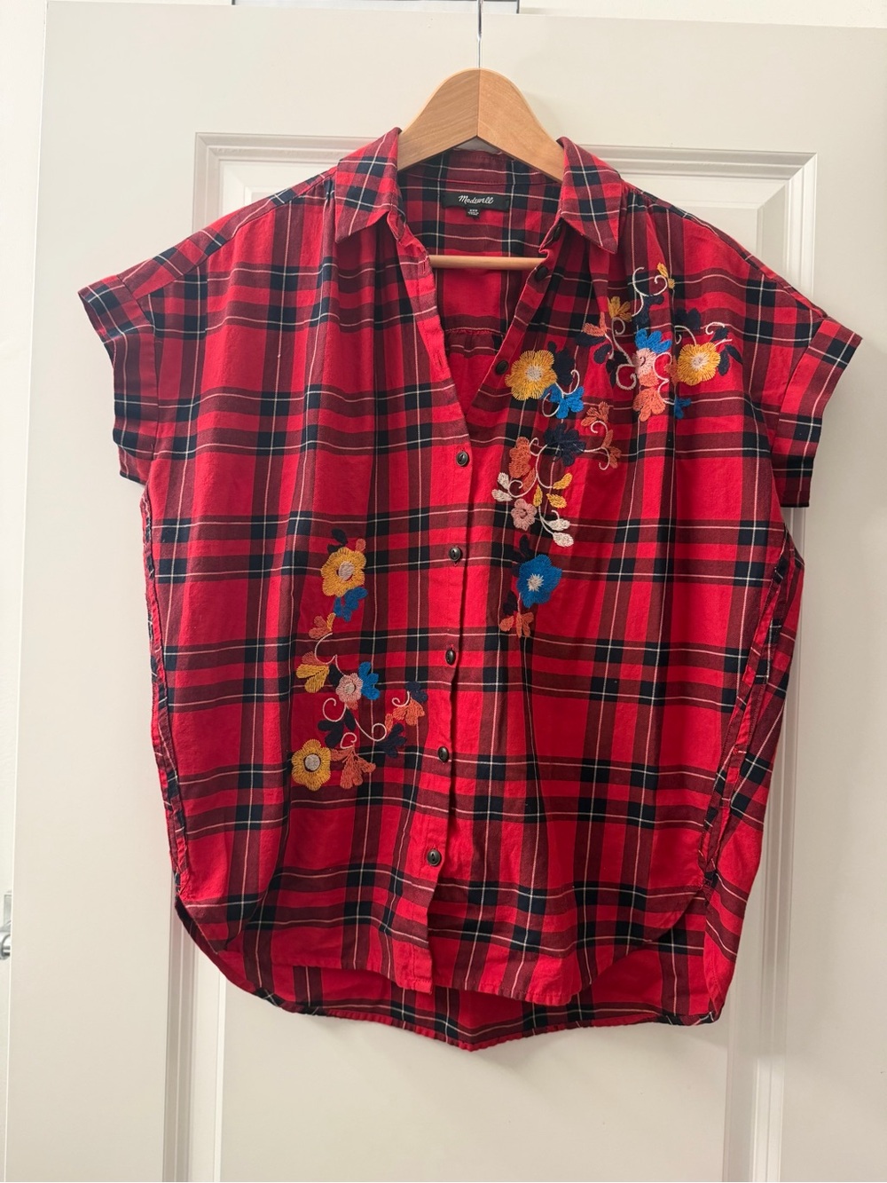 Madewell Red Plaid Button-Front Shirt with Floral Embroidery